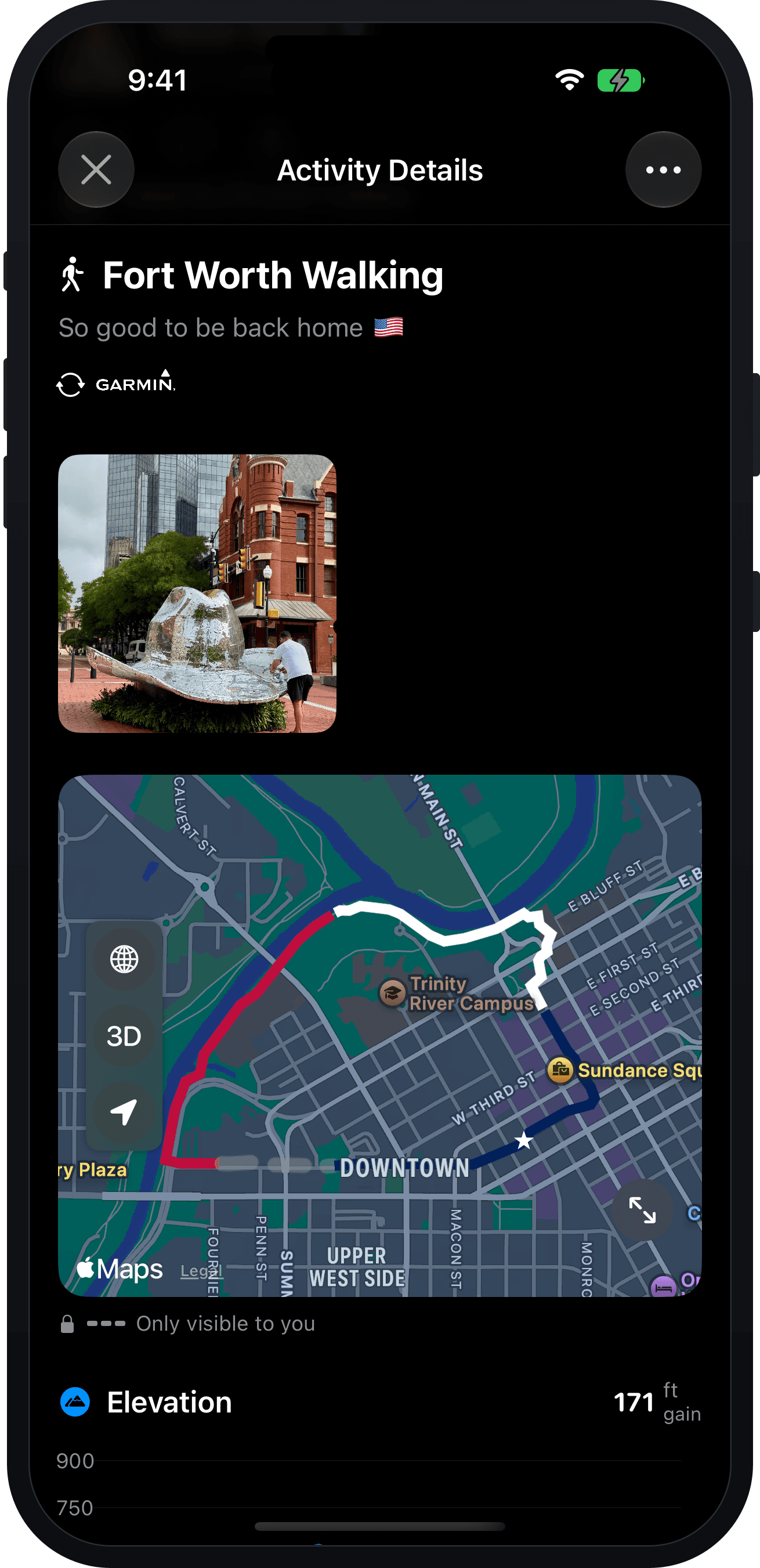 Cardio activity detail with route map and heart-rate chart