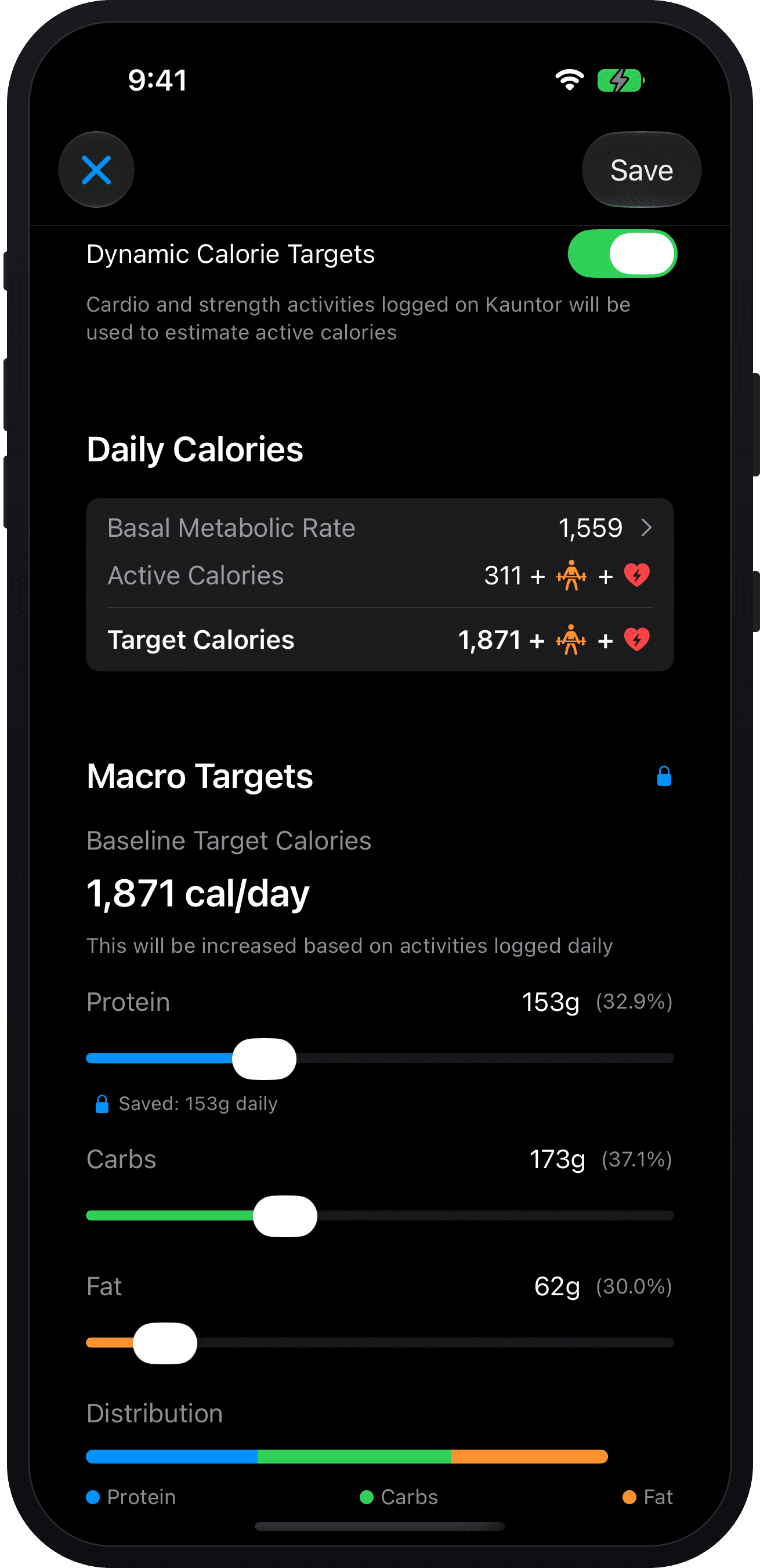 Macro targets with dynamic calorie goals and protein, carb and fat sliders