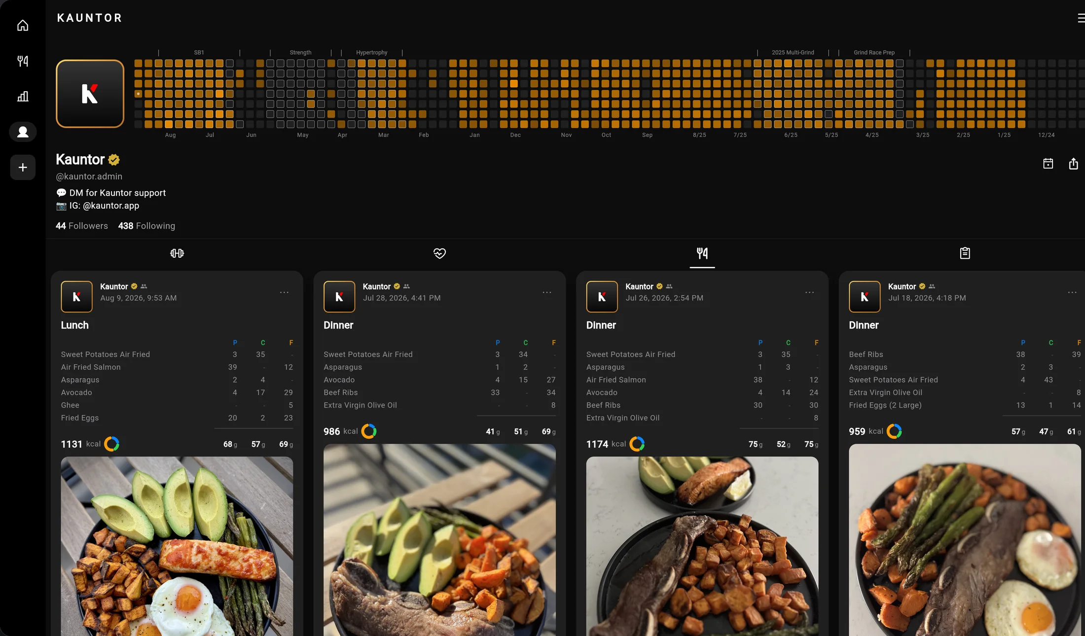 Kauntor web app — profile page with meal logs across four days